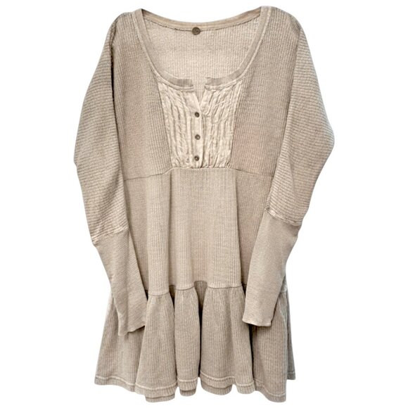 Free People FP One Jolene Thermal Henley Tier Mini Dress Boho oversized Sand S - Picture 1 of 9